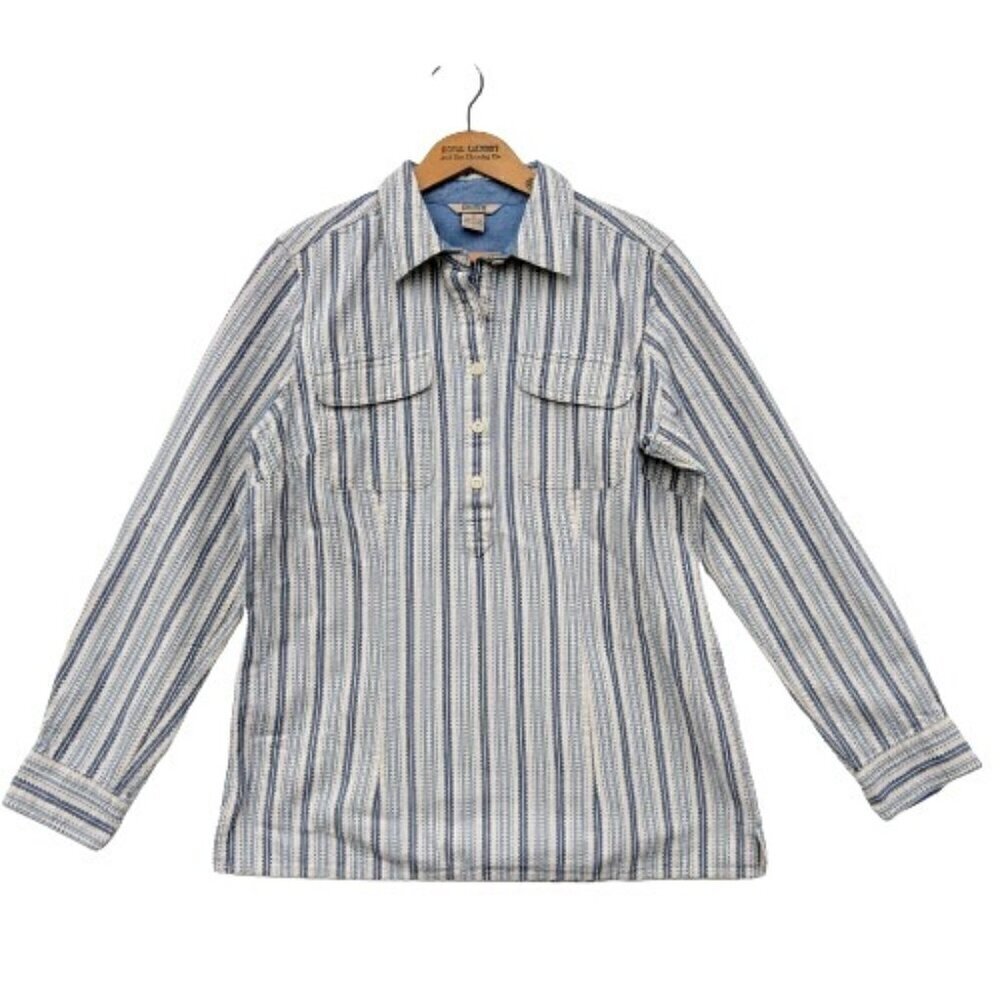 Duluth Women's Popover Tunic Top Size M Blue White Stripe Pockets Long Sleeve